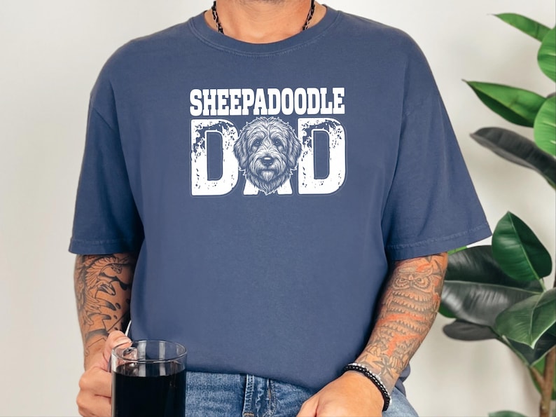 Comfort Colors Sheepadoodle Dad Tshirt for Men, Personalized Pet Portrait Tee, Funny Retro Dog Owner Apparel, Funny Graphic Tee image 1
