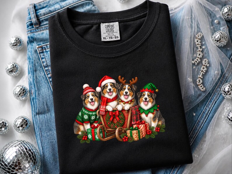Christmas Australian Shepherd Shirt, Aussie Dog Mom Gift, Festive Holiday Sleigh Graphic Tee, Australian Christmas Sweatshirt afbeelding 1