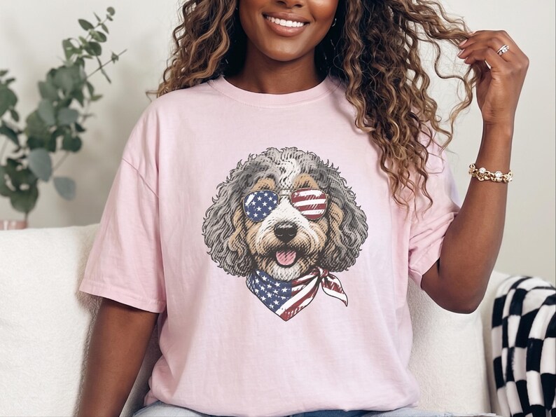 Comfort Colors Patriotic Aussiedoodle Shirt, Semiquincentennial Independence Day Patriotic Dog Owner Clothing, American Goldendoodle Mother image 1