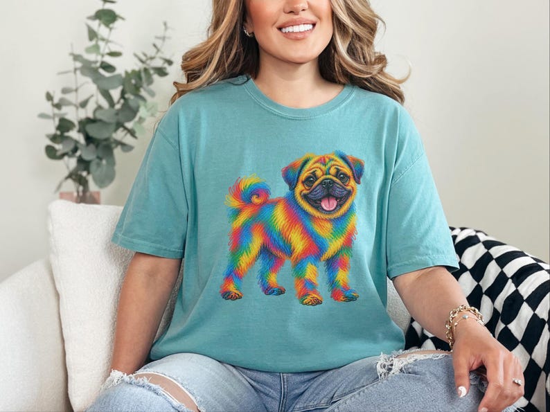 T-shirt pour amoureux des carlins, cadeau avec illustration colorée de chien, t-shirt chiot arc-en-ciel, cadeau pour propriétaire de carlin, t-shirt chien mignon, illustration vibrante d'animaux de compagnie image 5