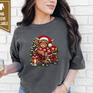 Christmas Highland Cow Sweatshirt, Santa Cow Holiday Gift, Festive Farm Animal Shirt, Winter Cow Lover Tee image 4