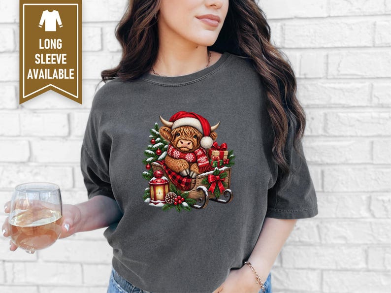 Christmas Highland Cow Sweatshirt, Santa Cow Holiday Gift, Festive Farm Animal Shirt, Winter Cow Lover Tee image 4