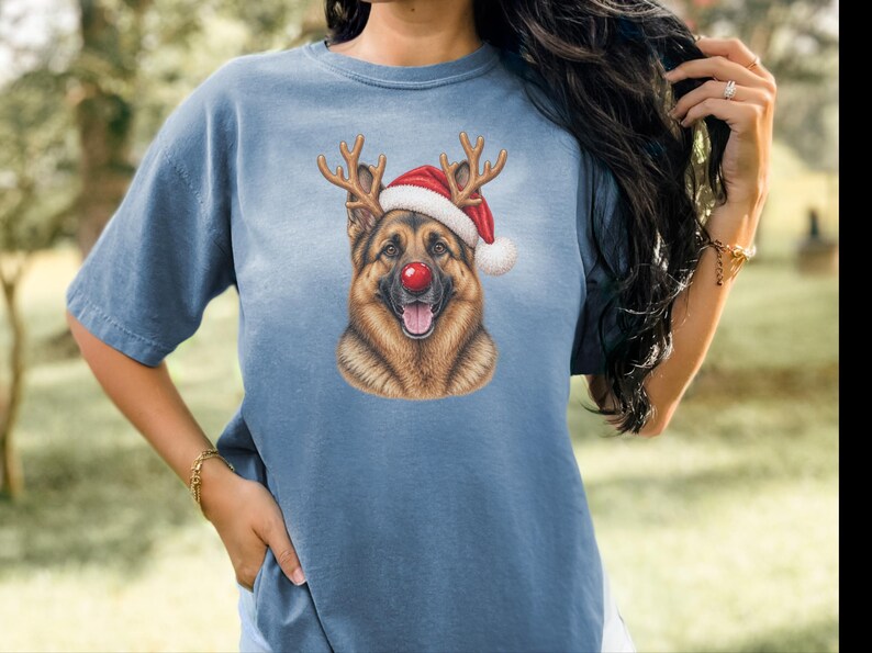 German Shepherd Christmas Sweatshirt, Holiday Dog Lover Gift, Rudolph Santa Hat Tee, German Shepherd Mom Shirt image 10