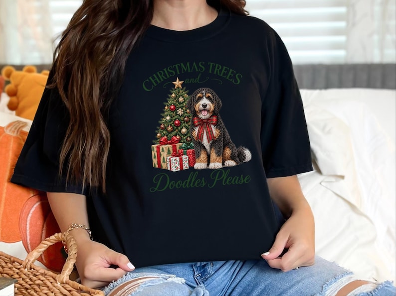 Bernedoodle Christmas Shirt, Christmas Trees And Doodles Please, Bernedoodle Mom Gift, Holiday Dog Lover Tee, Dog Owner Present image 10