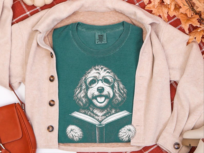 Bookish Dog Tee, Cavapoo Mom Gift, Reading Animal Art, Cavapoo Shirt, Dog Lover Book Tee image 8