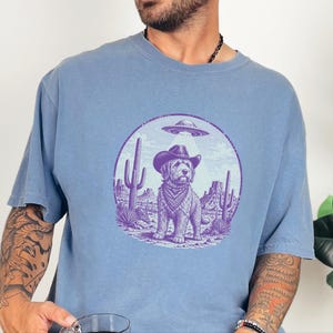 Comfort Colors Cowboy Retro Labradoodle Sweatshirt | Vintage Goldendoodle UFO Crewneck | Southwestern Extraterrestrial Abduction Space image 3