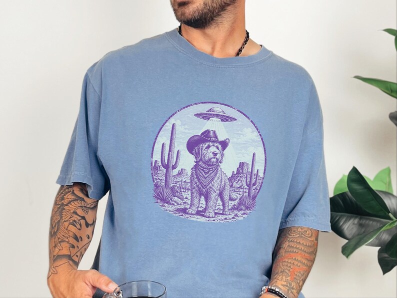 Comfort Colors Cowboy Retro Labradoodle Sweatshirt | Vintage Goldendoodle UFO Crewneck | Southwestern Extraterrestrial Abduction Space image 3