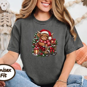 Christmas Highland Cow Sweatshirt, Santa Cow Holiday Gift, Festive Farm Animal Shirt, Winter Cow Lover Tee image 6
