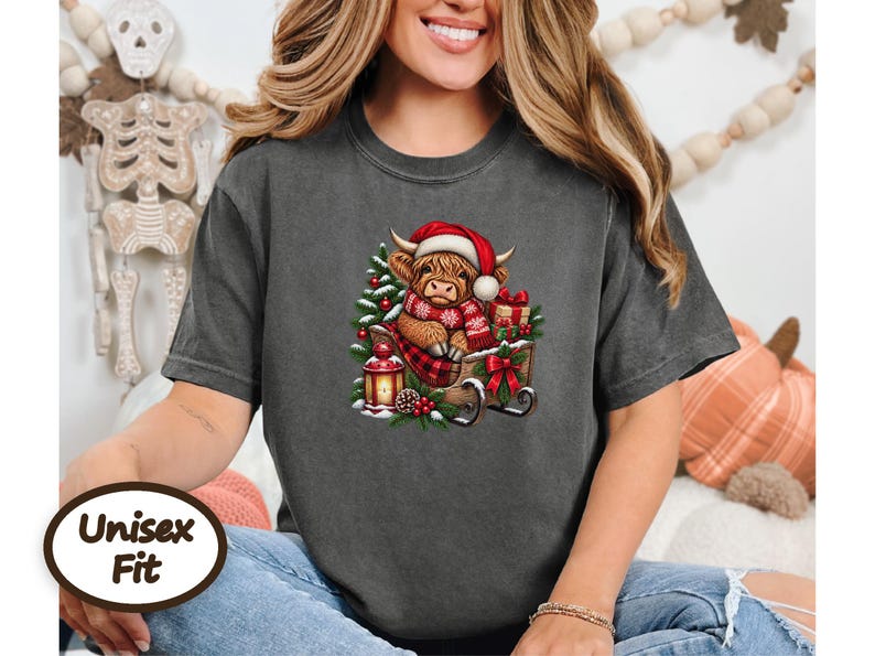 Christmas Highland Cow Sweatshirt, Santa Cow Holiday Gift, Festive Farm Animal Shirt, Winter Cow Lover Tee image 6