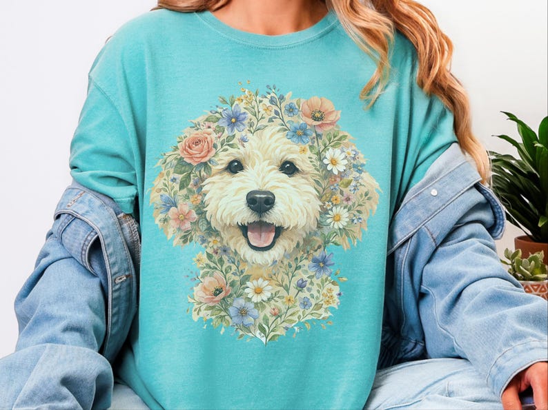 Comfort Colors Doodle Dog Gift, Golden Doodle Floral Tee, Watercolor Dog Art, Goldendoodle Owner Gift, Spring Summer, Goldendoodle Print immagine 1