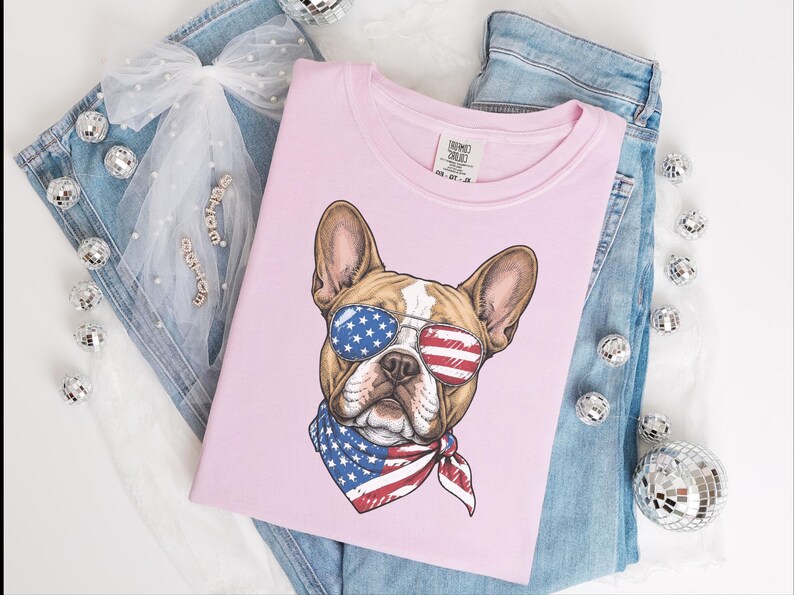 Comfort Colors Patriotic French Bulldog Sunglasses Shirt, Independence Day Anniversary Frenchie Dog Dad Tee, Patriotic Dog Gift immagine 1