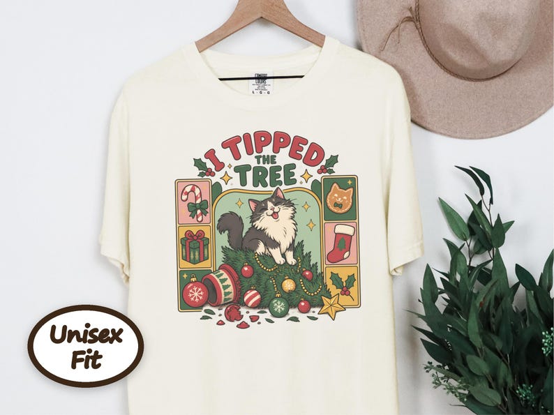 Christmas Cat Shirt, Tuxedo Cat Christmas Gift, Funny Cat Christmas Tree Tee, I Tipped The Tree Holiday Shirt, Cat Mom Shirt Gift image 6