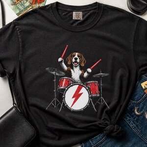 Beagle Shirt, Beagle Drummer Gift, Rock Dog Music Lover Tee, Drummer Dad Shirt, Funny Beagle Lover Gift, Retro Rock Band Shirt image 1