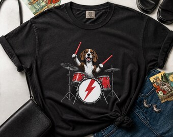 Beagle Shirt, Beagle Drummer Gift, Rock Dog Music Lover Tee, Drummer Dad Shirt, Funny Beagle Lover Gift, Retro Rock Band Shirt