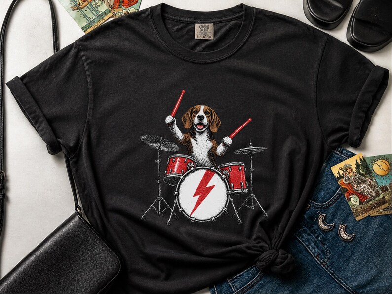 Beagle Shirt, Beagle Drummer Gift, Rock Dog Music Lover Tee, Drummer Dad Shirt, Funny Beagle Lover Gift, Retro Rock Band Shirt image 1
