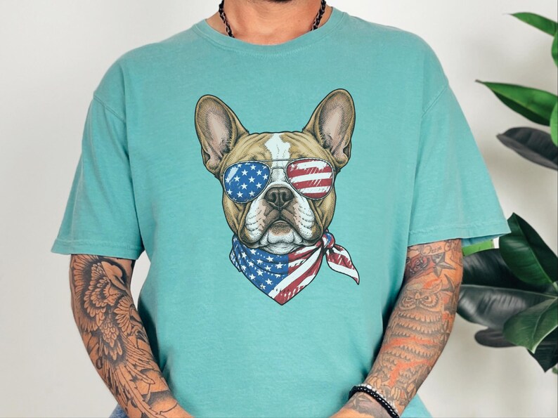 Comfort Colors Patriotic French Bulldog Sunglasses Shirt, Independence Day Anniversary Frenchie Dog Dad Tee, Patriotic Dog Gift immagine 10