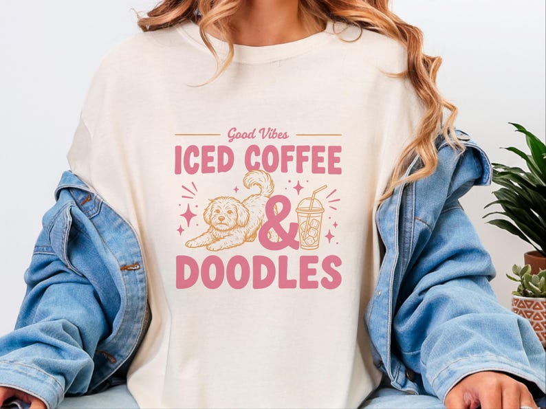 Comfort Colors Dog Coffee Tee, Goldendoodle Labradoodle Mom Iced Coffee Crewneck, Iced Coffee, Doodles and Good Vibes Sweatshirt image 8