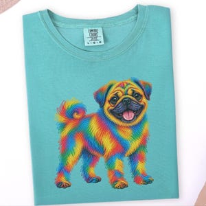 T-shirt pour amoureux des carlins, cadeau avec illustration colorée de chien, t-shirt chiot arc-en-ciel, cadeau pour propriétaire de carlin, t-shirt chien mignon, illustration vibrante d'animaux de compagnie image 2
