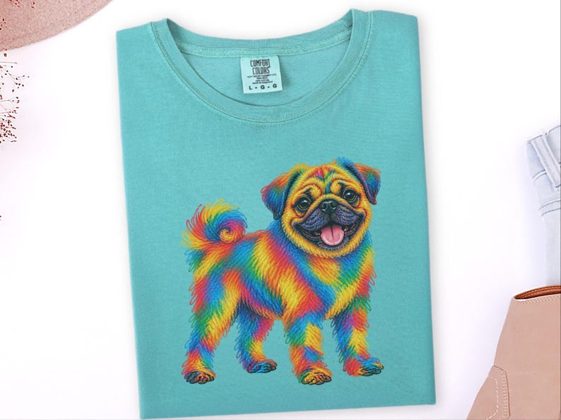 T-shirt pour amoureux des carlins, cadeau avec illustration colorée de chien, t-shirt chiot arc-en-ciel, cadeau pour propriétaire de carlin, t-shirt chien mignon, illustration vibrante d'animaux de compagnie image 2