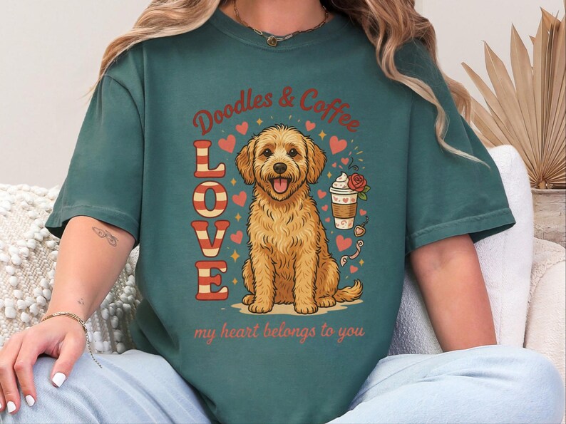 Comfort Colors Goldendoodle Mom T-Shirt, Doodles and Coffee My Heart Belongs To You Tee, Retro Labradoodle Dog Owner Shirt, Doodle Dog Gift image 5