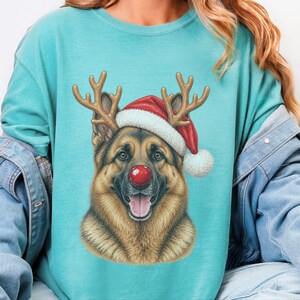 German Shepherd Christmas Sweatshirt, Holiday Dog Lover Gift, Rudolph Santa Hat Tee, German Shepherd Mom Shirt image 9