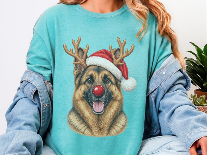 German Shepherd Christmas Sweatshirt, Holiday Dog Lover Gift, Rudolph Santa Hat Tee, German Shepherd Mom Shirt image 9