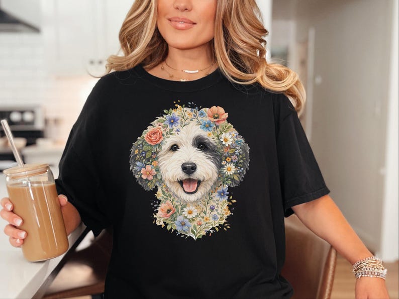 Comfort Colors Sheepadoodle T-shirt, Doodle Pet Art, Botanical Pet Lover Gift, Sheepadoodle Floral Face Spring Tee, Funny Pet Mom Shirt, Tee image 4