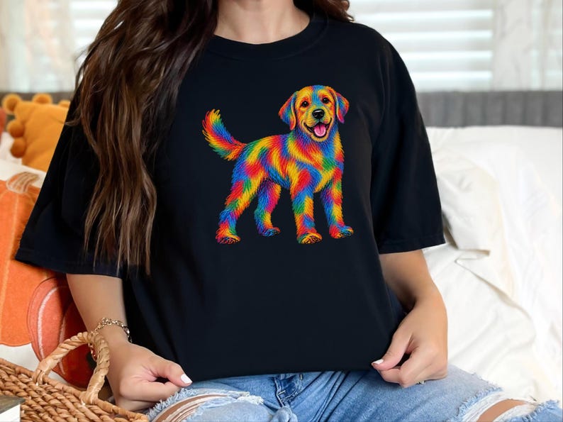 Colorful Dog Shirt, Dog Lover Gift, Golden Retriever Tee, Rainbow Pet Owner Present, Doodle Art Shirt image 8