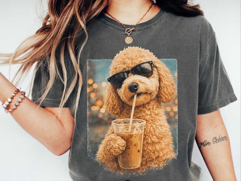 Comfort Colors Iced Coffee Goldendoodle Tee | Funny Cool Dog Shirt | Summer Fashion | Doodle Mom Dad Pet Owner, Iced Coffee Tee image 3