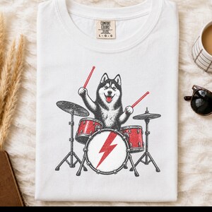 Husky Dog Shirt, Drummer Gift Idea, Rock Dog Shirt, Siberian Husky Gift, Music Lover Tee image 6