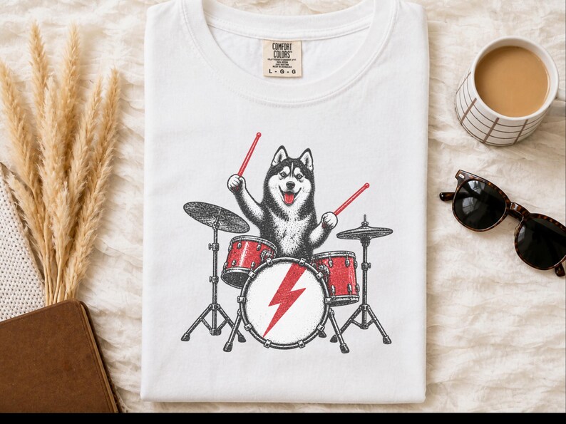 Husky Dog Shirt, Drummer Gift Idea, Rock Dog Shirt, Siberian Husky Gift, Music Lover Tee image 6