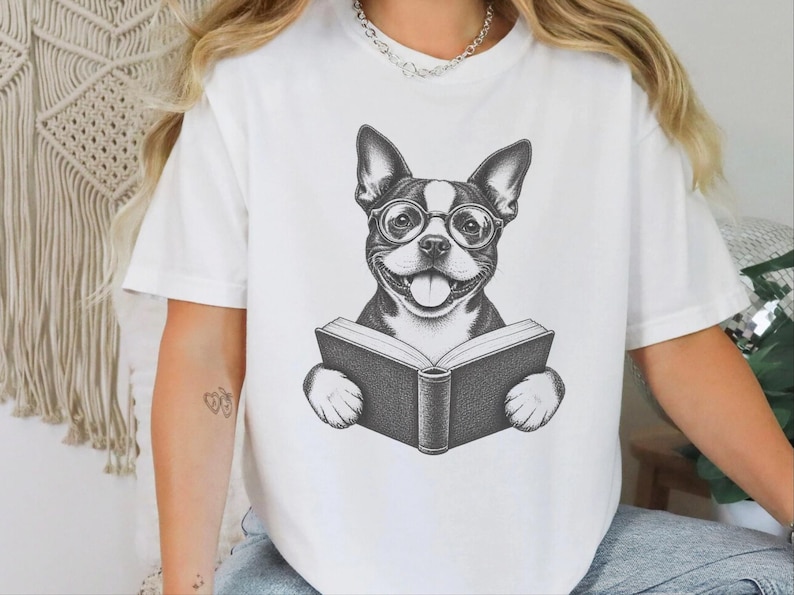 Boston Terrier Reading Book Shirt, Bookish Dog Tee, Boston Terrier Gift, Dog Lover Book Tee, Library Shirt image 1