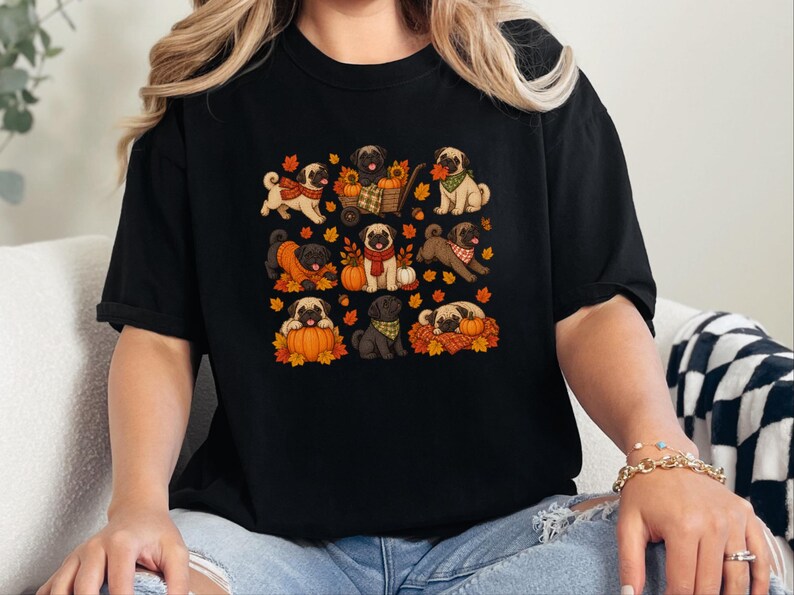 Camiseta de perro pug, regalo para mamá de pug, sudadera de otoño para perros, camiseta para amantes de los pugs, camiseta de calabaza de otoño imagen 3