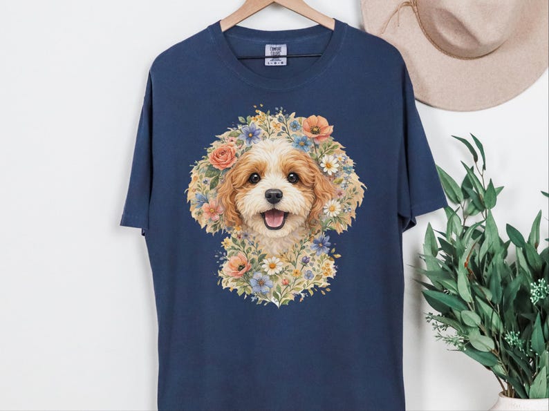 Camiseta Comfort Colors com estampa floral para cachorro, estampa de rosto de Cavapoo | Retrato moderno de pet para mães de cachorro | Arte vintage de animais, presente para donos, camiseta com estampa de rosto de pet imagem 4