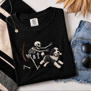 Sheepadoodle Skeleton Shirt, Spooky Dog Gift, Skeleton Dog Tee, Sheepadoodle Halloween Shirt, Funny Skeleton Dog Scene image 6