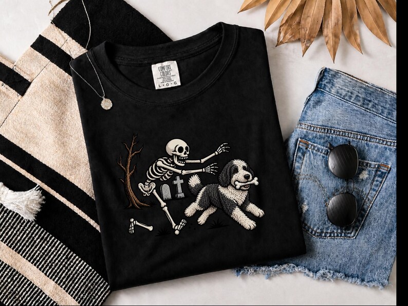 Sheepadoodle Skeleton Shirt, Spooky Dog Gift, Skeleton Dog Tee, Sheepadoodle Halloween Shirt, Funny Skeleton Dog Scene image 6