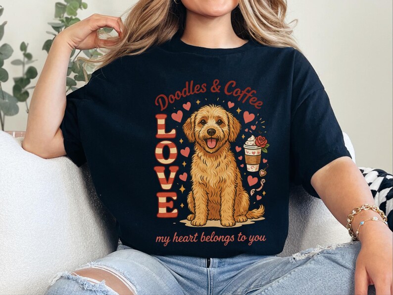 Comfort Colors Goldendoodle Mom T-Shirt, Doodles and Coffee My Heart Belongs To You Tee, Retro Labradoodle Dog Owner Shirt, Doodle Dog Gift image 7