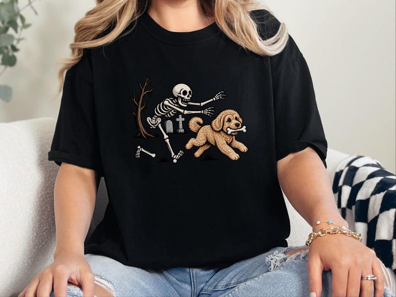Maltipoo Halloween Shirt, Skeleton Dog Shirt, Funny Skeleton Art Tee, Spooky Dog Lover Gift, Vintage Halloween Dog Owner Apparel image 4