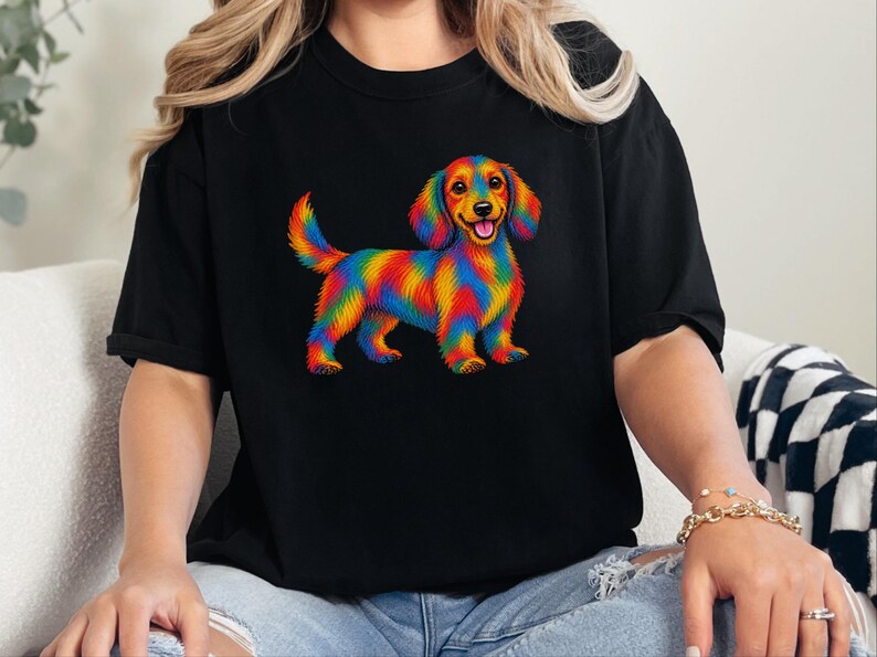 Dachshund Shirt, Rainbow Dog Gift, Colorful Wiener Dog Tee, Doxie Lover Graphic, Sausage Dog Art Shirt, Puppy Owner Present image 2