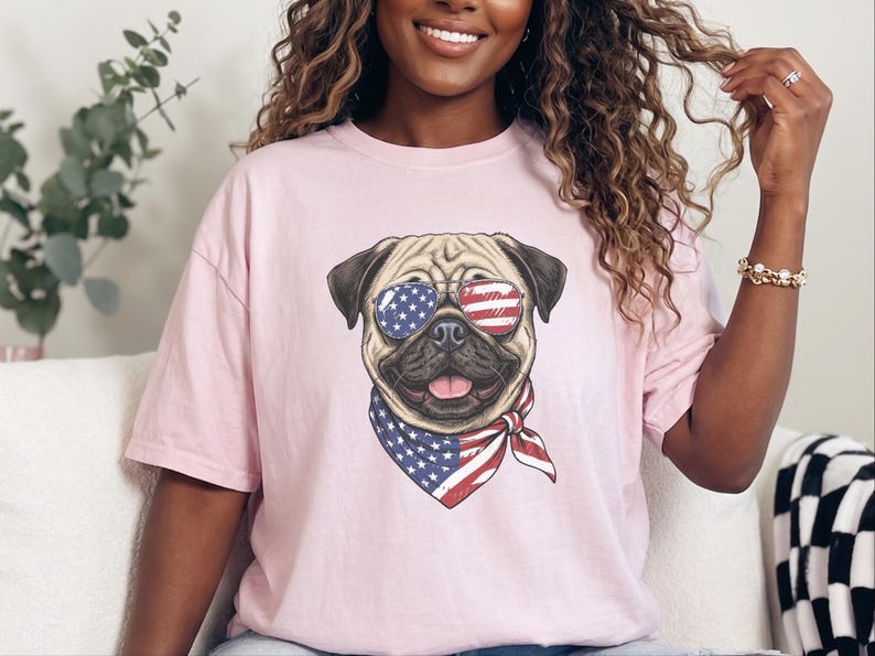 Comfort Colors Patriotisch Hondenshirt, Grappige Mopshond Sweatshirt, Patriotisch T-shirt met Amerikaanse Vlag en Mopshond, Shirt voor de Amerikaanse Onafhankelijkheidsdag (4 juli) afbeelding 4