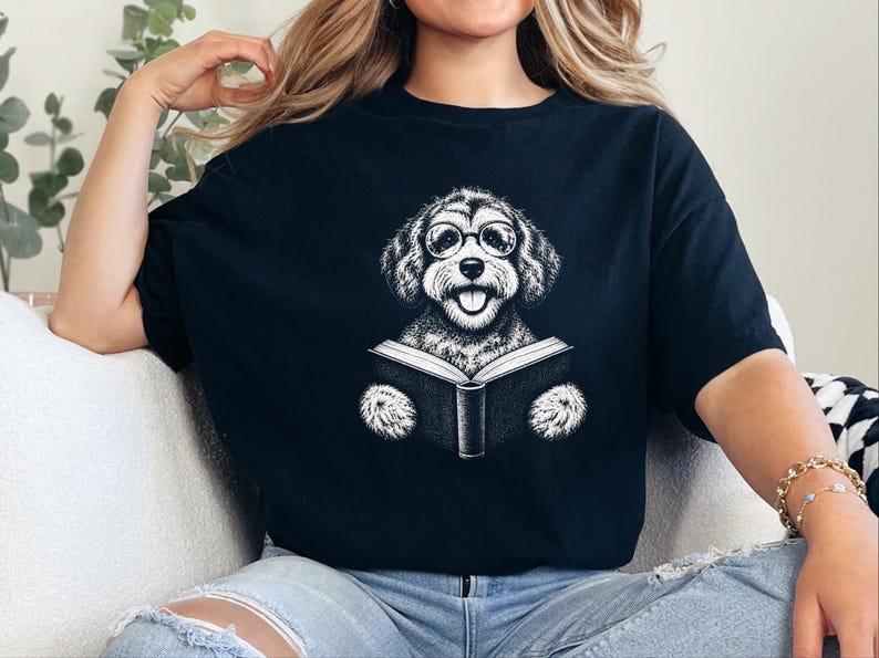 Schnoodle Reading Shirt, Bookish Dog Tee, Schnoodle Mom Gift, Dog Lover Book Shirt, Library Reader Tee image 2