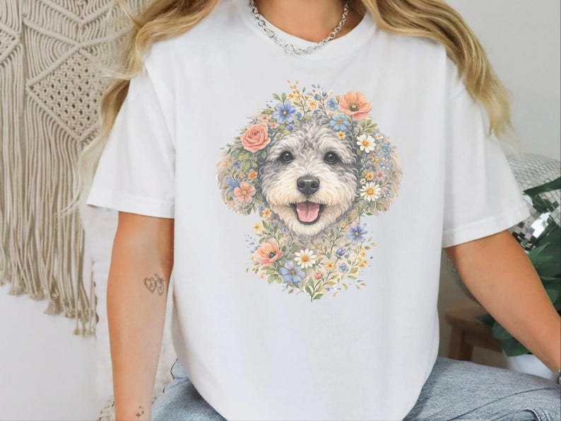 Comfort Colors Schnoodle Lover Schnoodle Floral Face Tee, Dog Mom Life Shirt, Doodle Puppy Tee, Cross-Breed Dog, Cottagecore Owner image 3