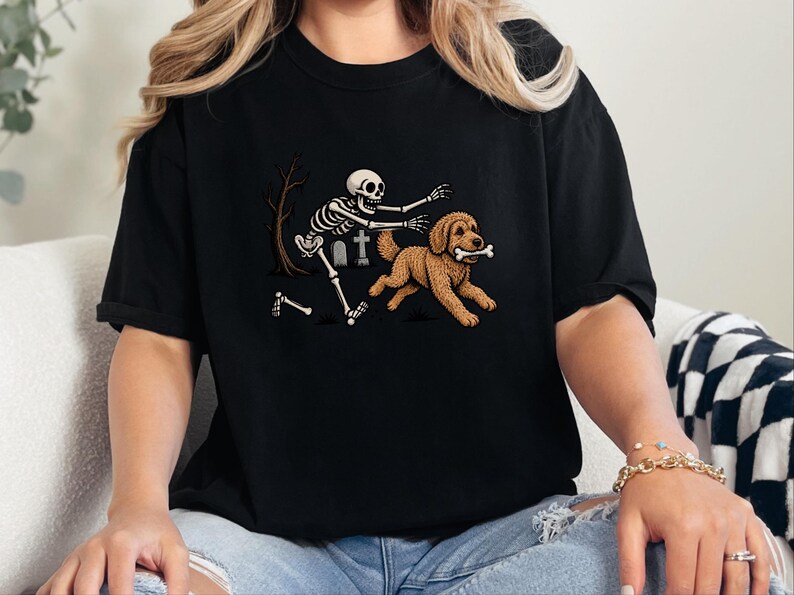 Goldendoodle Dog Shirt, Halloween Goldendoodle Gift, Skeleton Dog Tee, Spooky Dog Lover Shirt, Funny Skeleton Art, Goldendoodle Dad Gift image 7
