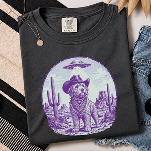 Comfort Colors Cowboy Retro Labradoodle Sweatshirt | Vintage Goldendoodle UFO Crewneck | Southwestern Extraterrestrial Abduction Space image 6