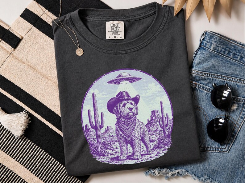 Comfort Colors Cowboy Retro Labradoodle Sweatshirt | Vintage Goldendoodle UFO Crewneck | Southwestern Extraterrestrial Abduction Space image 6