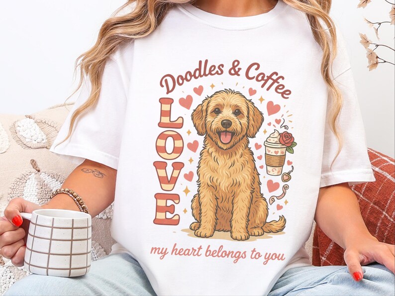 Comfort Colors Goldendoodle Mom T-Shirt, Doodles and Coffee My Heart Belongs To You Tee, Retro Labradoodle Dog Owner Shirt, Doodle Dog Gift image 10