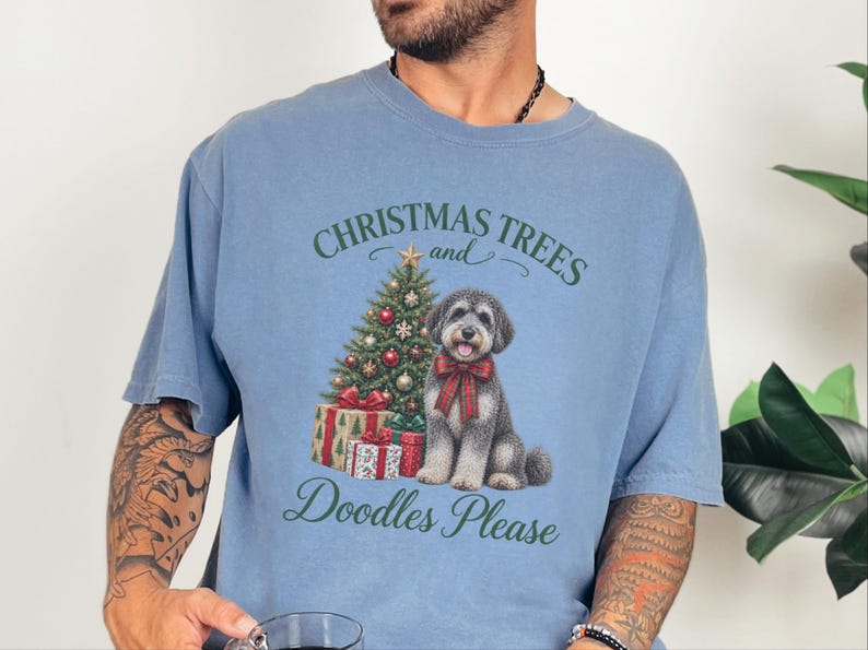 Schnoodle Christmas Shirt, Schnoodle Mom Gift, Christmas Trees and Doodles Please, Holiday Dog Lover Tee, Winter Pet Shirt image 2
