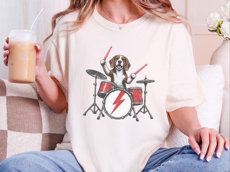 Beagle Shirt, Beagle Drummer Gift, Rock Dog Music Lover Tee, Drummer Dad Shirt, Funny Beagle Lover Gift, Retro Rock Band Shirt image 4