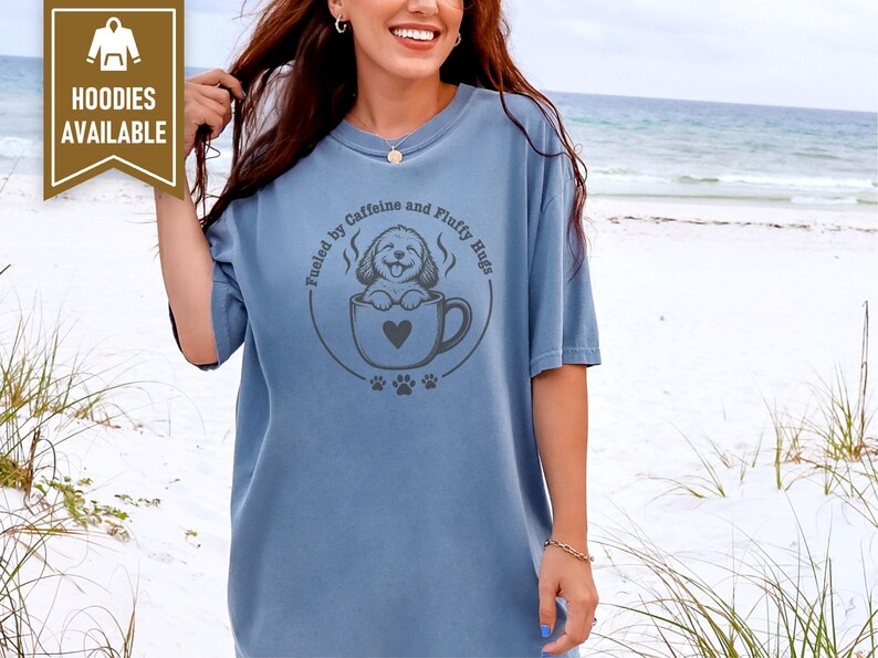 Goldendoodle Mom Shirt, Coffee Lover Gift, Doodle Dog Tee, Fueled by Caffeine and Fluffy Hugs, Puppy Owner Top, Coffee Weather Shirt image 5