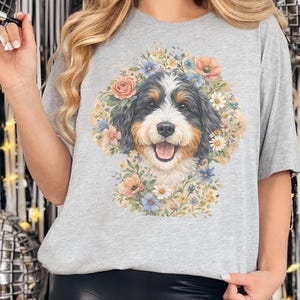 Bernedoodle Tee, Floral Crown Dog Portrait, Custom Pet Art Shirt, Doodle Mama Shirt, Whimsical Animal Print, Pastel Spring Summer Dog Lovers image 5